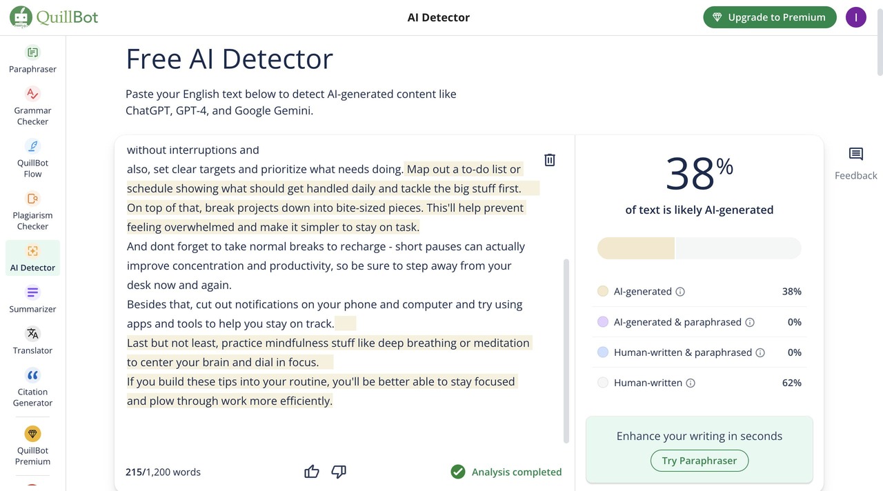 Result of  HideMyAI Output through QuillBot AI Detector 